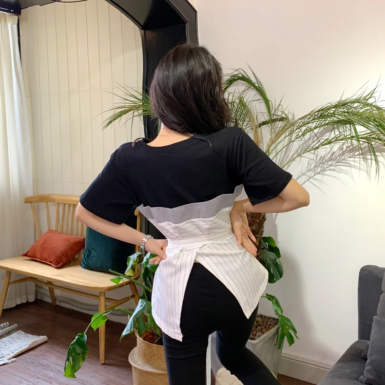 

2020 Summer O-neck Top Tees Women Striped Patchwork Fake Two Pieces T Shirts Short Sleeve Belt Slim Waist T-shirt 58393