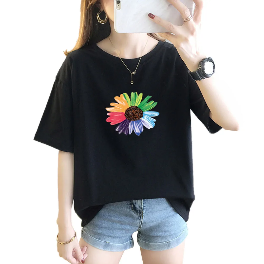 Летняя женская Свободная футболка с принтом модная Радужная Женская