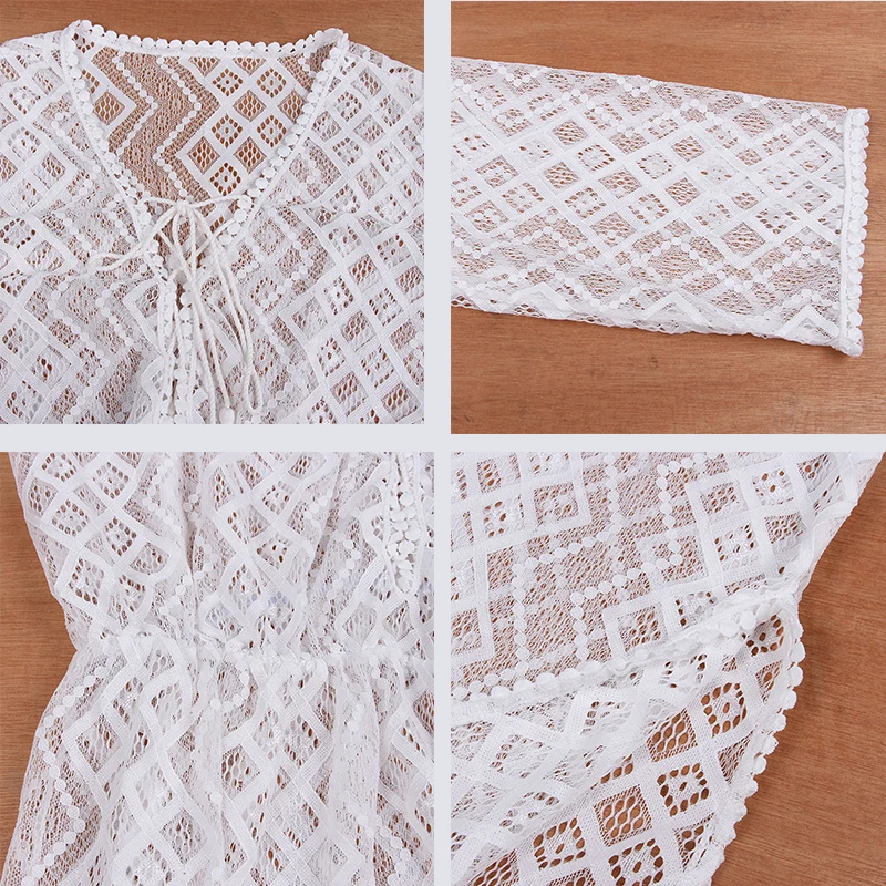 

2021 new Bohemian lace beach wear seaside vacation V-neck bandage bikini blouse swimsuit robe dress