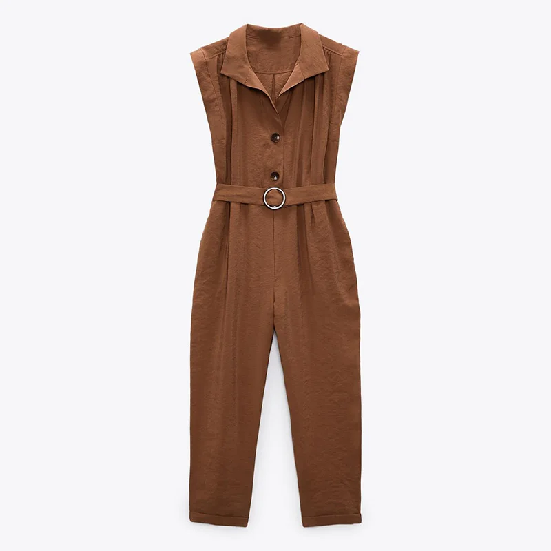 

CP Turn Down Collar Jumpsuits Women Fashion Front Breasted Tie Belt Jumpsuit Women Elegant Sleeveless Jumpsuits Female Ladie