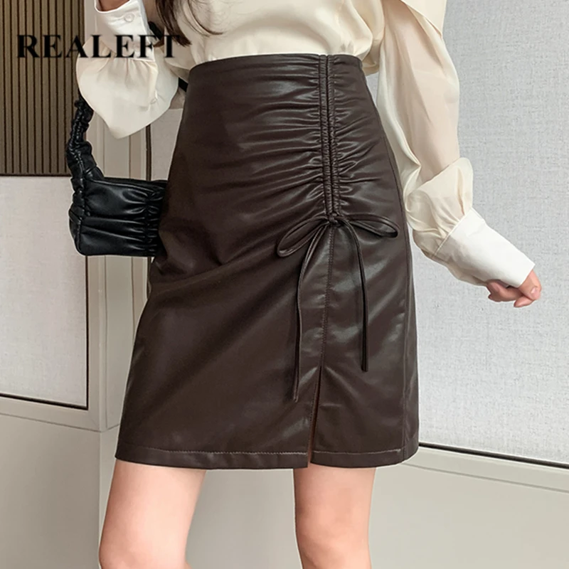 

REALEFT Autumn Winter Black Lace Up Women PU Leather Wrap Skirts High Waist Front Split A-Line Sexy Mini Skirts Female 2021 New