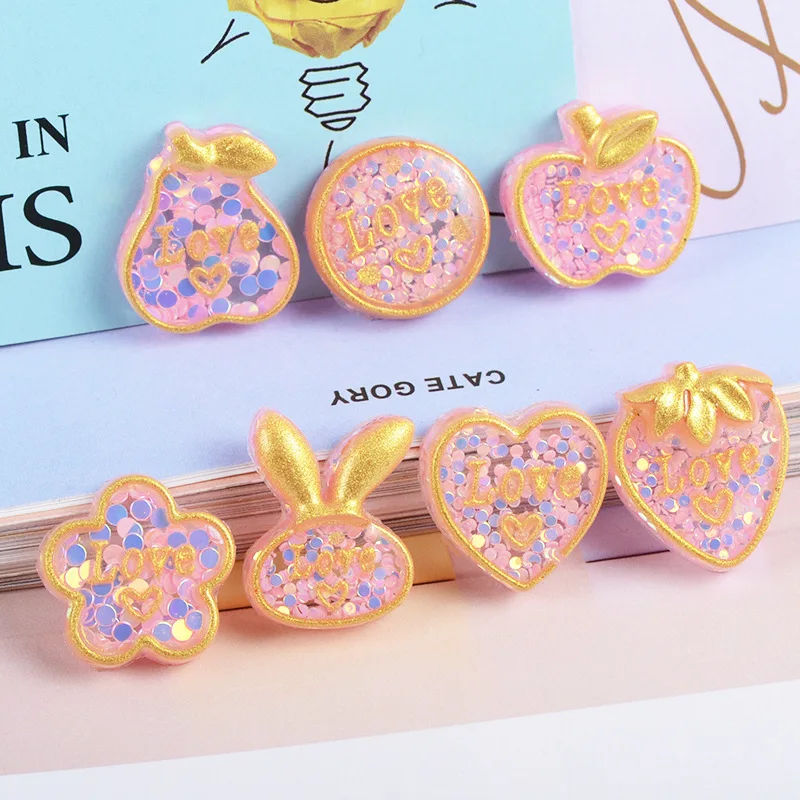 

10Pcs Korea Hot Glitter Love Heart Rabbit Fruit Flat back Resin Cabochon Embellishments For Scrapbooking DIY Hair bow Center