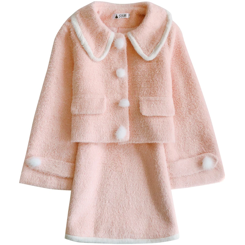 

Winter Japanese Plush Two-Piece Set Women Sweet Cute Doll Collar Hairball Buttons Short Jacket Tops Short Skirt Set Girl