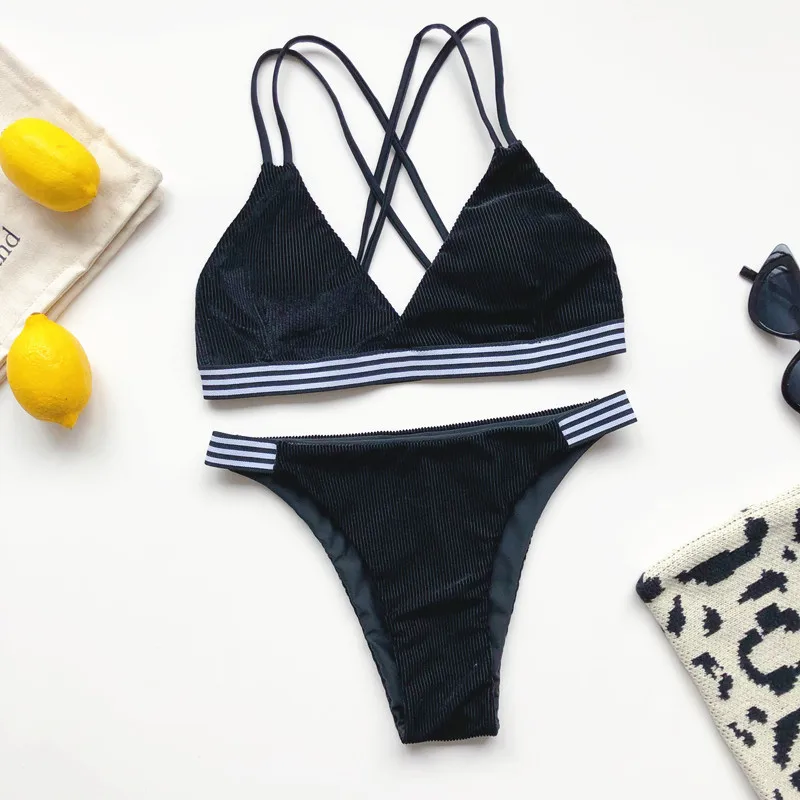 Сексуальный однотонный купальник женский черный бандажный бюстгальтер на