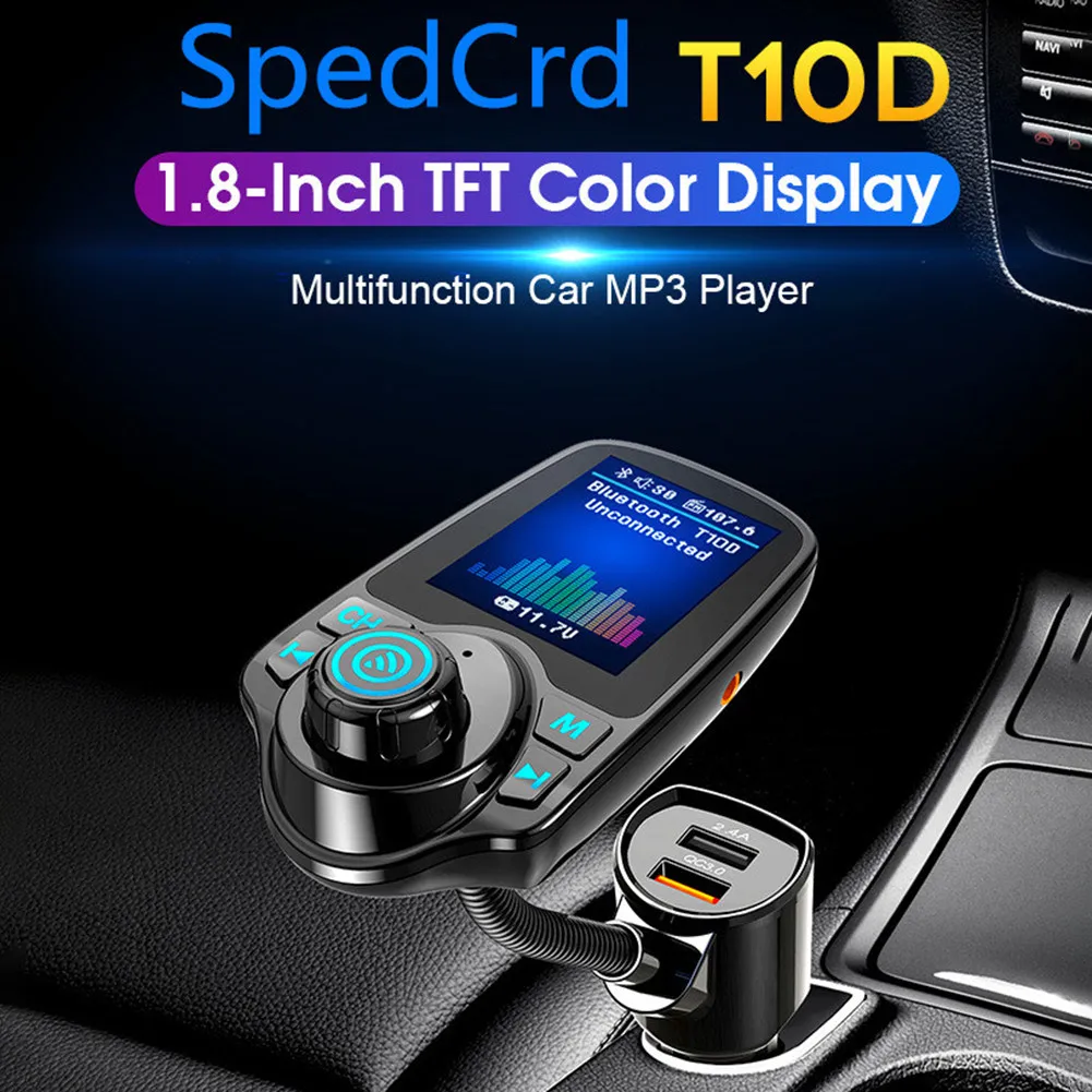 

12/24V T10D Bluetooth FM Transmitter Car Player Kit Card Car Charger Quick With QC3.0 Dual USB Voltmeter & AUX IN/OUT DC