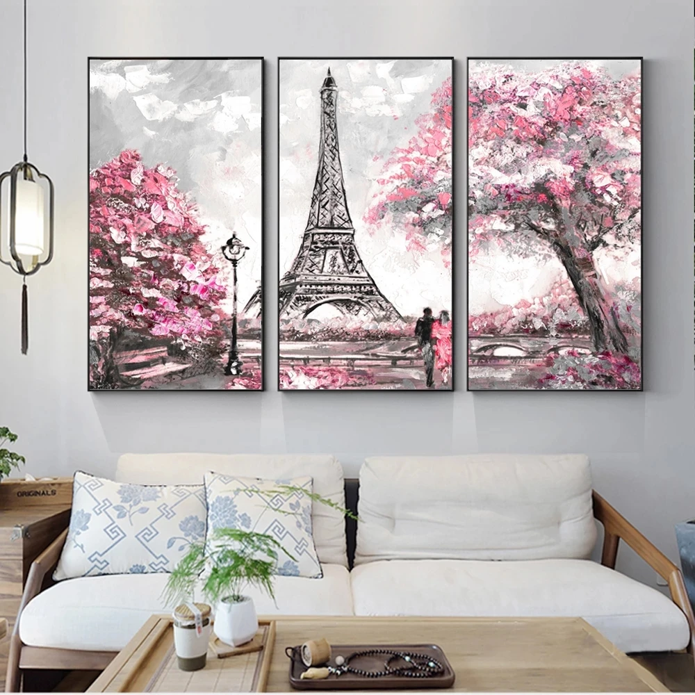 

Love in Paris Tower Black And Pink Wall Art Canvas Paintings Posters Landscape 3 Panels Modular Pictures Prints Room Decor