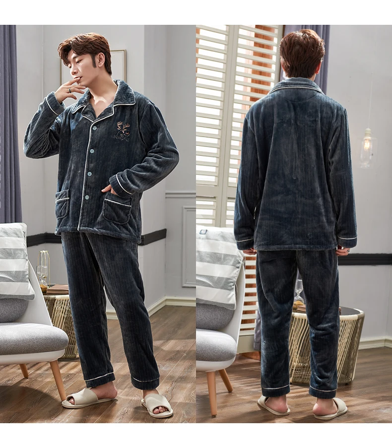 

Kwyaster Flannel Mens Pajama Sets Sleep Suit Winter Sleepwear Nightwear Thicken 2PCS Pyjama Casual Warm Home Clothes Shirt&Pants