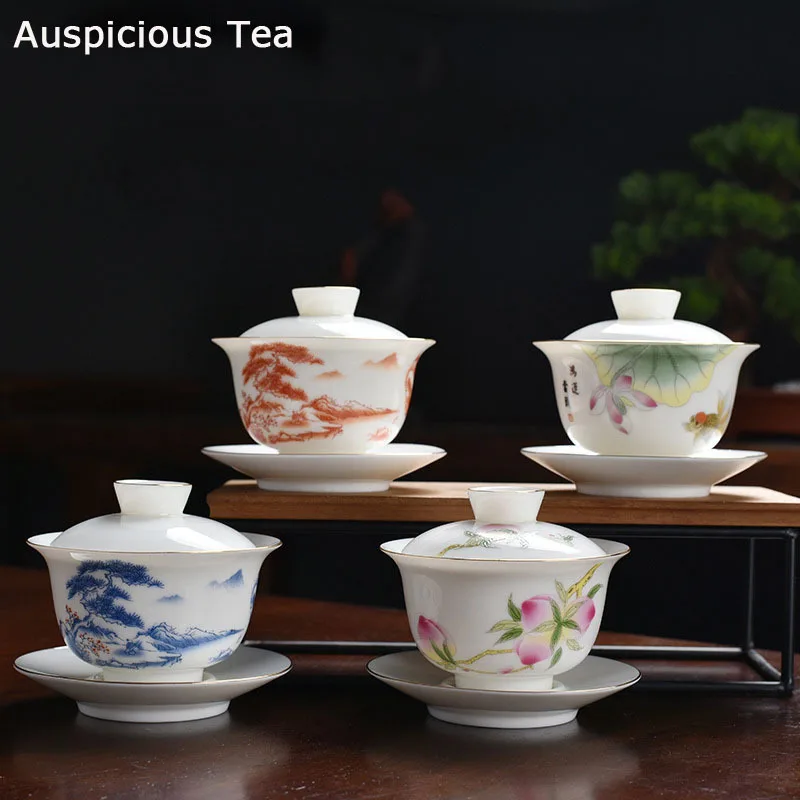 

Белый фарфоровый контур из баранины и нефрита в золотой крышке шаншуй чаша ручной работы Домашний чайный набор Кунг Фу чайная церемония пос...