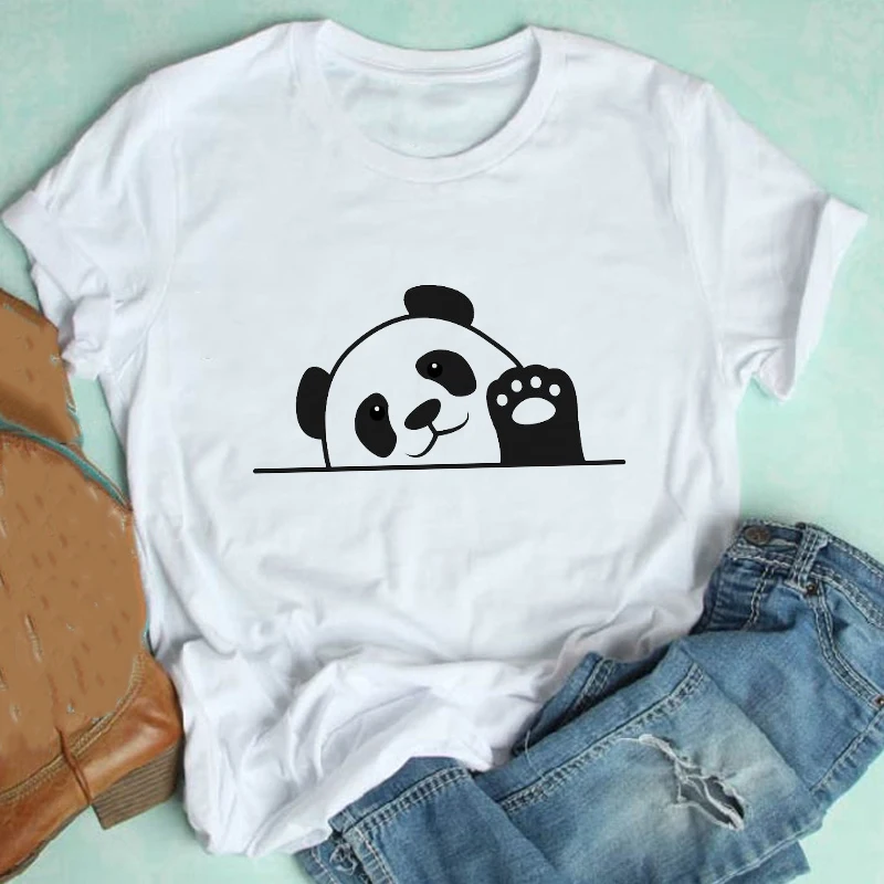 

White Tops Short-sleeved Round Neck Graphic Shirt Cartoon Animal Panda Cute Funny Style Casual Women's Tops Cute Print T-shirts