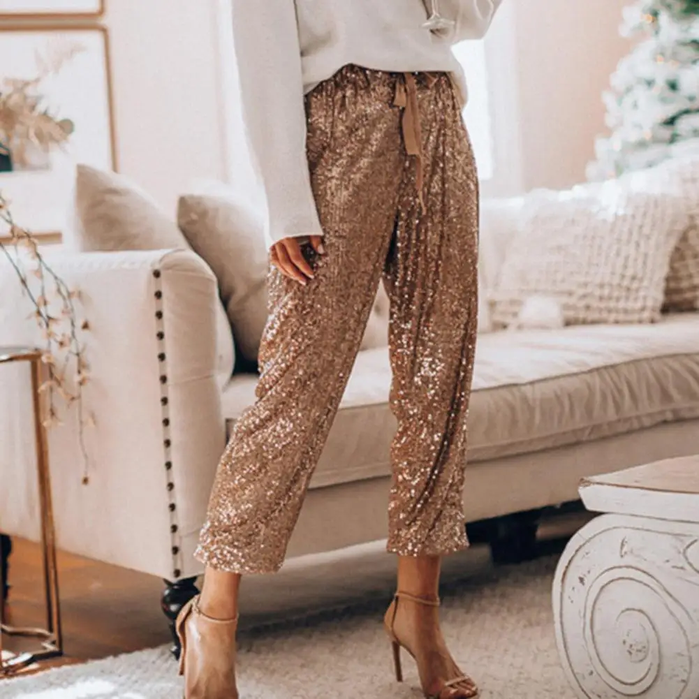 

Streetwear Attractive Sparkling Wide Leg Trousers Female Women Trousers Drawstring for Office