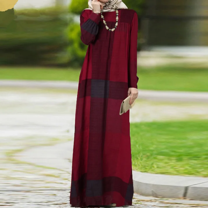 

Plaid linen national style retro cotton hemp Pullover loose waist long dress