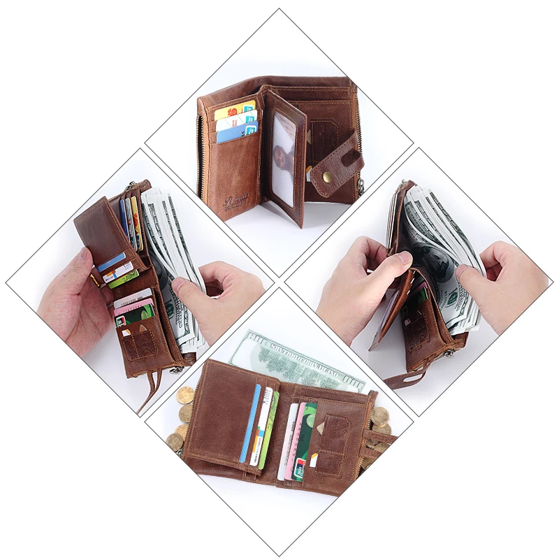 Модный мужской кошелек Rfid из натуральной кожи, мужские кошельки с двойной молнией, дизайнерский Кошелек для монет, ID держатель для карт, тонкий мягкий кошелек