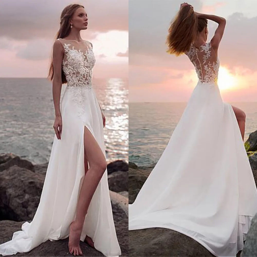

Cheap Beach Wedding Dress Sleeveless Lace Appliques Illusion Back Custom Made Bridal Gowns Split Chiffon Vestidos De Noiva