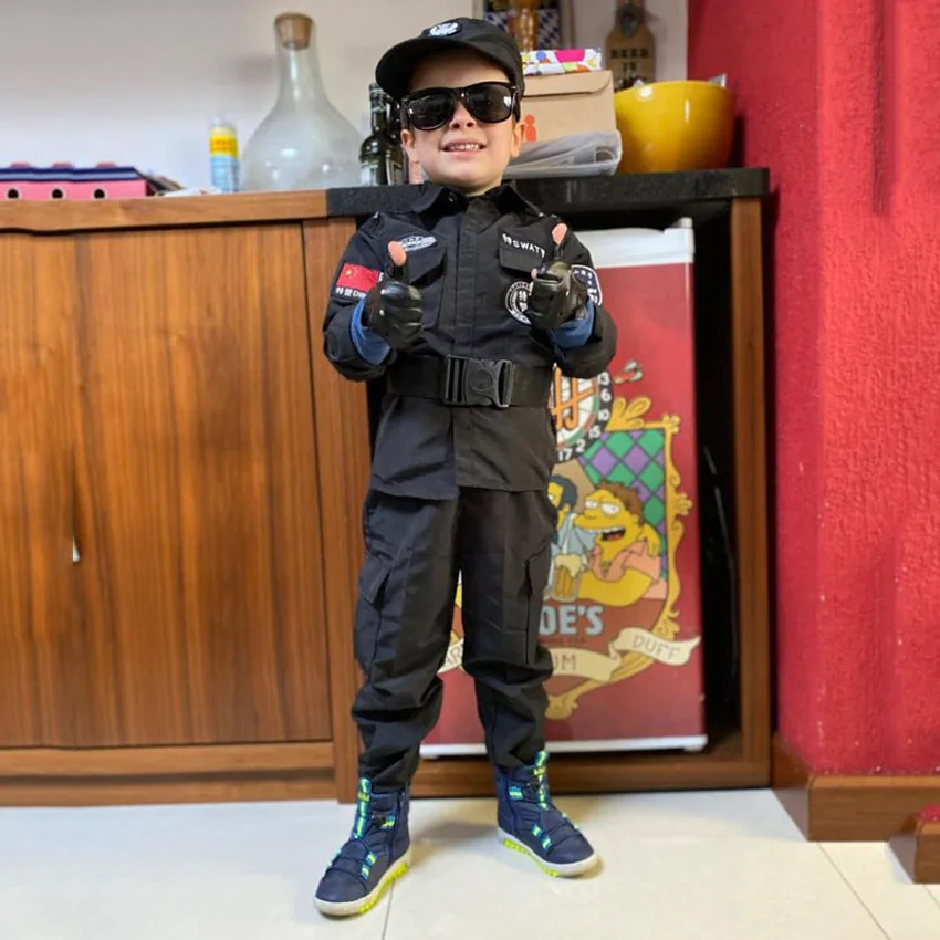 FBI Agent Police Uniform Bulletproof Vest & Helmet Costume Fancy Dress for Children Costume Kids Policeman Cosplay Gift Birthday