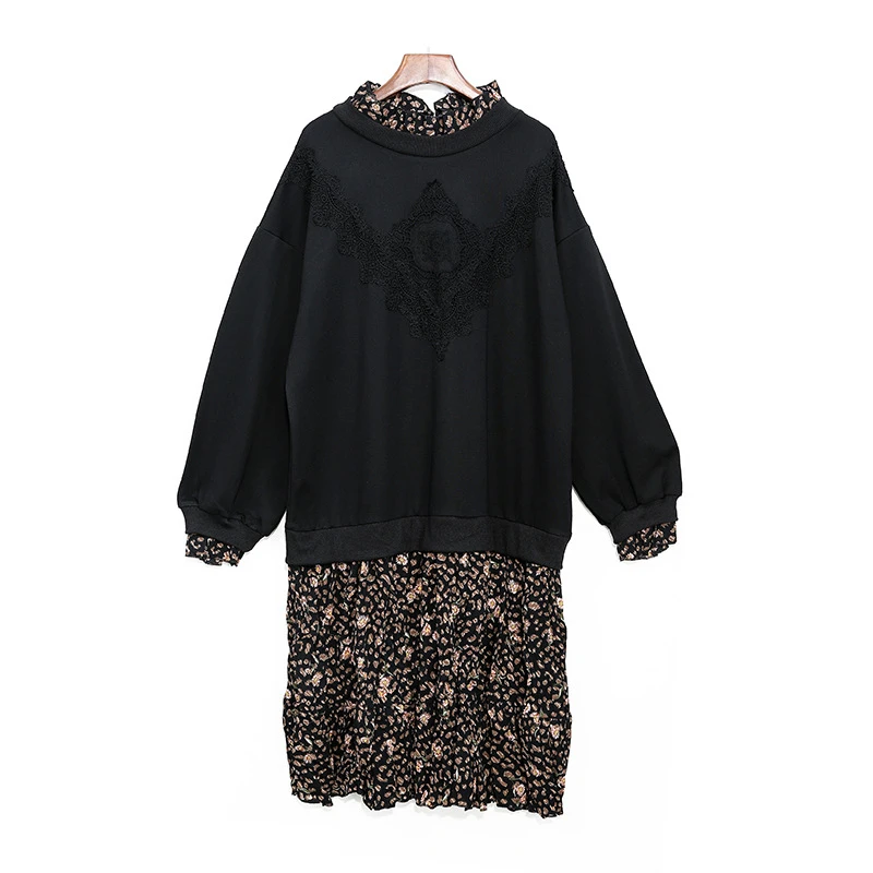 

SeeBeautiful Large Size Dress O Neck Long Sleeve Lace Stitching Printed Hem Dresses New Fashion Summer 2021 Women T933