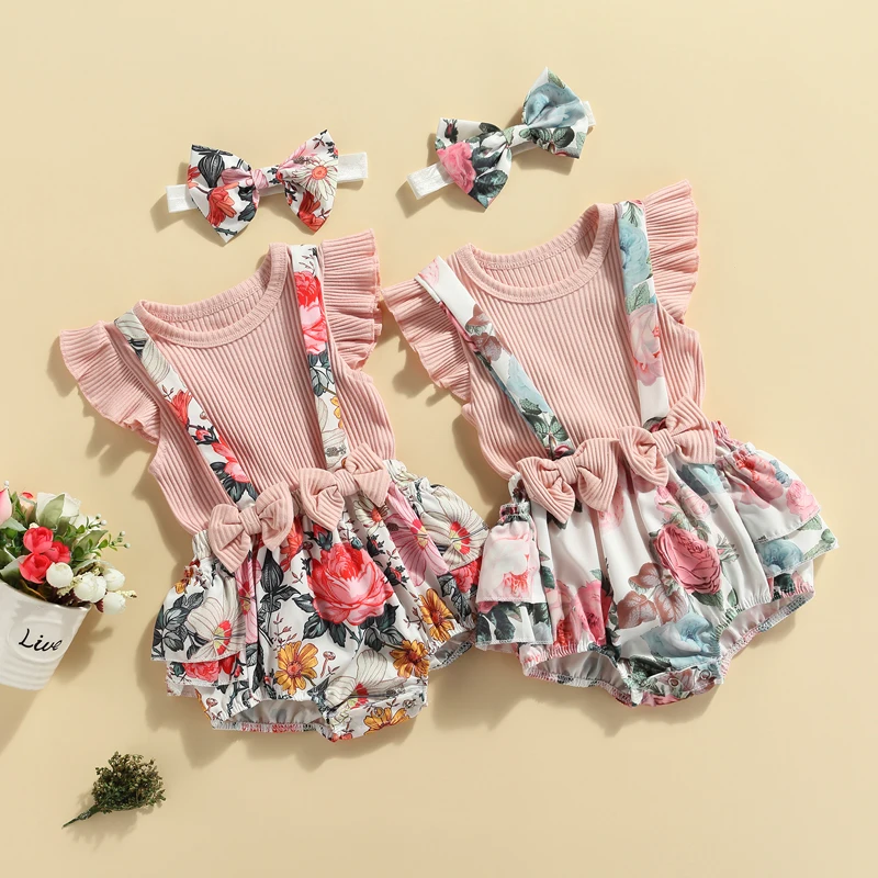 

Pudcoco 0-18M 3Pcs Summer Baby Girls Butterfly Short Sleeve T-Shirt Tops+Floral Print Overall Leotard Pants+Headwear Outfit Sets