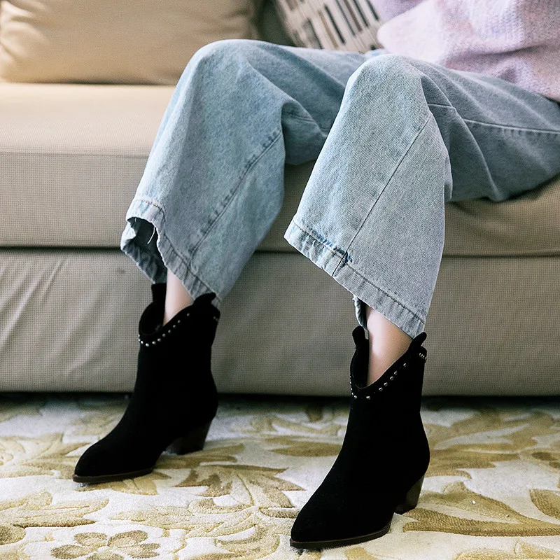 

MORAZORA 2020 hot sale suede leather ankle boots women rivet slip on autumn winter Western boots classic high heels shoes woman