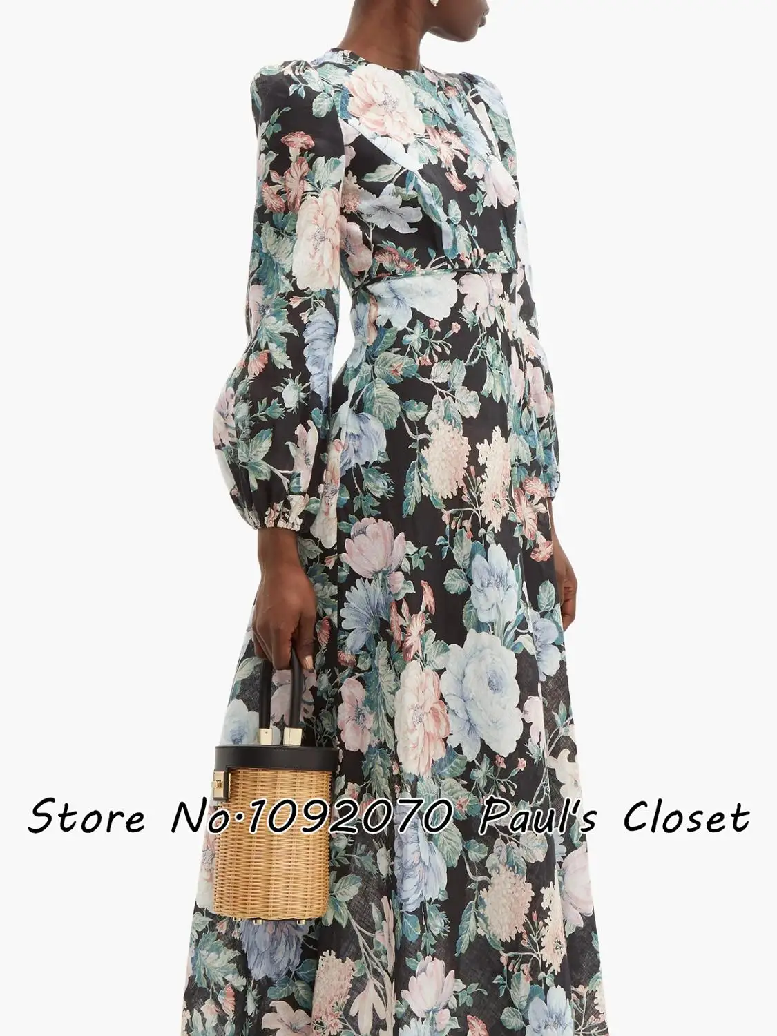 Женское длинное льняное платье макси с цветочным принтом и рукавами-баллонами |