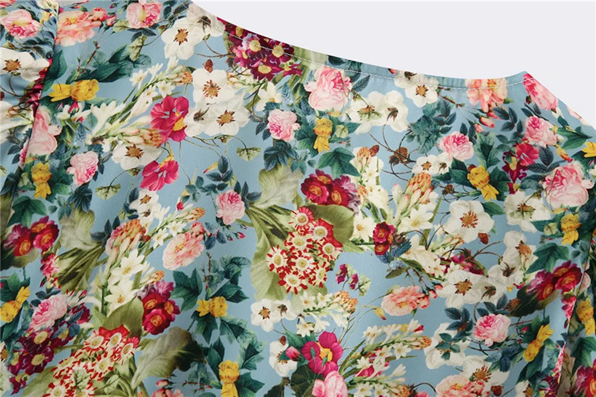 

Floral Print Women T-Shirt Fashion Cropped Vintage V Neck Short Sleeve Side Zipper Female Shirts New Blusas Chic Tops