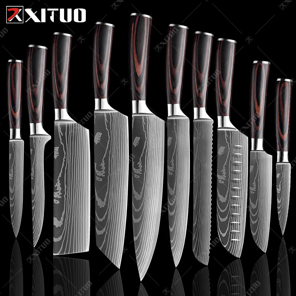  XITUO Chef knife 1-10 Pcs Set Kitchen Knives Laser Damascus Pattern Sharp Japanese Santoku Knife Cleaver Slicing Utility Knife 