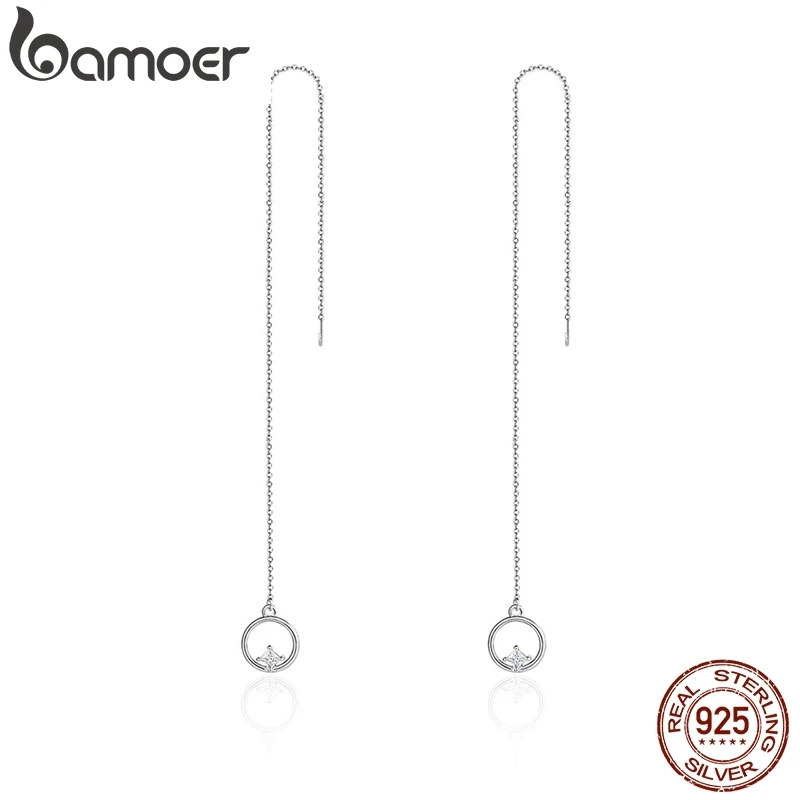 BAMOER, роскошные 925 пробы, серебряные, геометрические, длинные, с кисточками, круг, AAA циркон, висячие серьги для женщин, Стерлинговое Серебро, ювелирное изделие SCE080