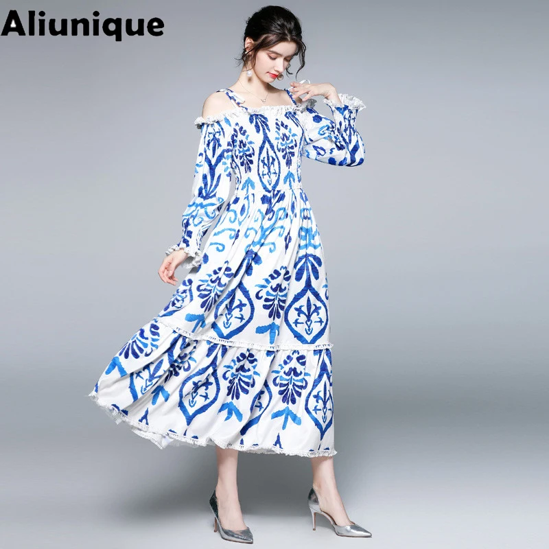 

Trendy Slash Neck Ink Printing Big Swing Dress For Women 2021 Summer Fashion Design Loose Temperament Vacation Lacing Long Dress