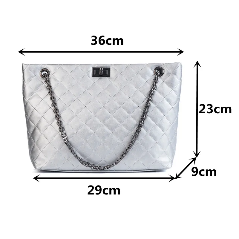 

Silver Diamond Lattice Tote Bags for Women High Quality Soft Leather Shopper Shoulder Bag Female Quilted Chain Crossbody Handbag