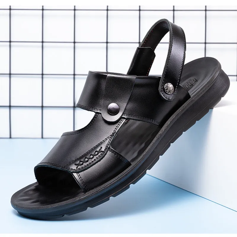 

Calf Leather Black Shoes Sandals Rainy Days Men Shoes,Beach Slippers Flats Shoes Man Summer Slippers Male Brand sandals Coffee