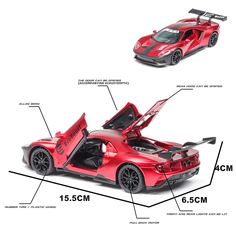1:32 ford GT Супер спортивный автомобиль из цинкового сплава, высокая модель, модель автомобиля с откидной спинкой, 3 открытые двери, звуковой светильник, игрушки для детей
