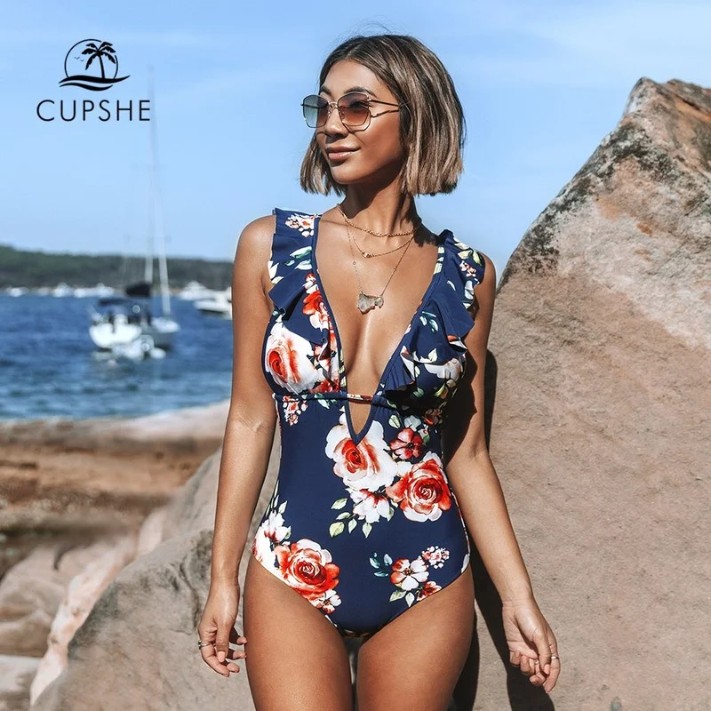 

CUPSHE Floral Print Ruffled Deep V-neck One-Piece Swimsuit Sexy Backless Lace Up Women Monokini 2021 Beach Bathing Suit Swimwear
