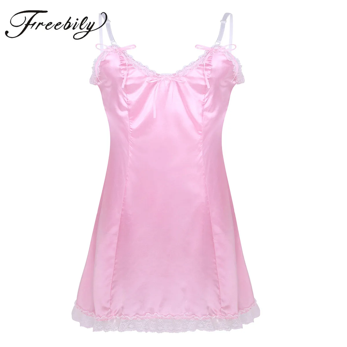 Mens Lingerie Dress Sissy Satin Lace Slip Gay Sexy Pink Costume Pajamas Nightwear Underwear | Мужская одежда