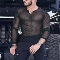 incerun 2022 fashion men mesh t shirt see through long sleeve fitness sexy tee tops streetwear v neck party nightclub t shirts