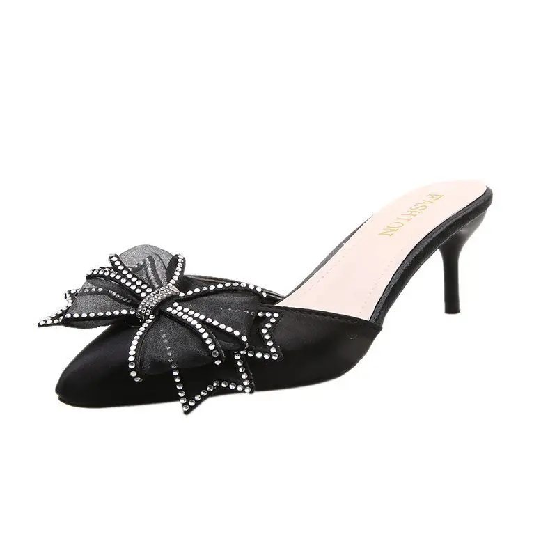 

Shoes Glitter Slides Slippers Women Summer Thin Heels Low Fashion Pointed Toe Pantofle Heeled Mules Jelly Luxury Cover 2021