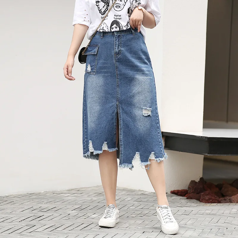 

Large Size Denim Skirt Women 's Elastic Waist Front Left Side Pocket with Holes Tassels Denim Skirt Casual Girl Plus Size Skirts