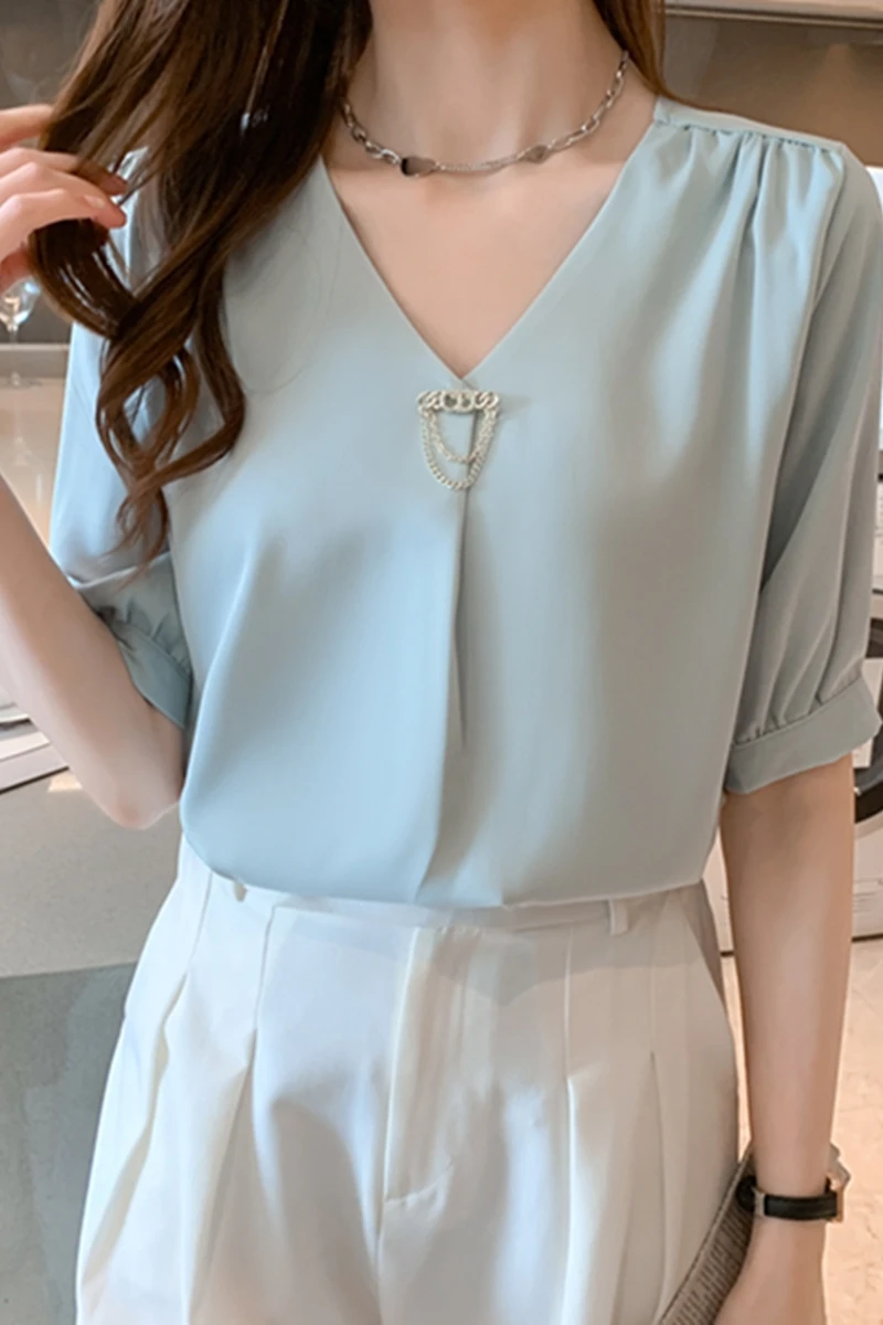 

Houthion Chiffon Slim Women's Blouses New Casual Blouse Solid Color Metal Sheets V-neck Pullover Summer Fashion Short Sleeve Top