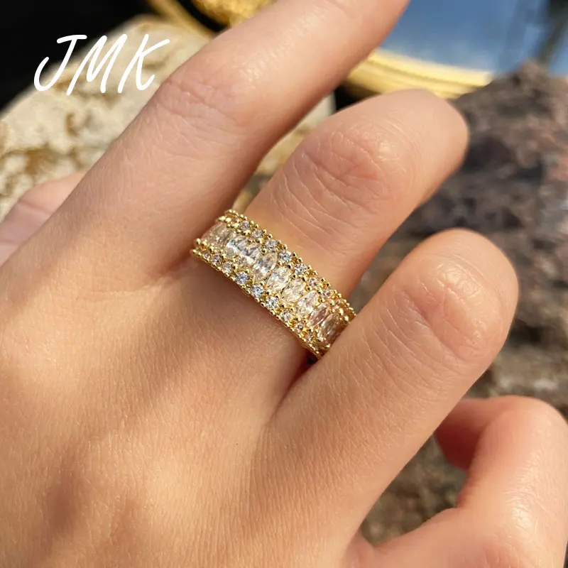 

JMK Luxury AAA Zircon 18k Gold Ring Wedding Band Eternity Crystal Pave Saudi Jewelry For Women Men Lover Party Anniversary Gift
