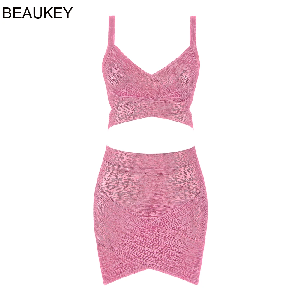 BEAUKEY качественный комплект из 2 предметов блестящий облегающий топ и юбка цвета