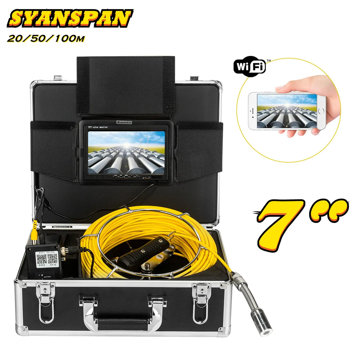 

SYANSPAN 7" Wireless WiFi 20/50/100M Pipe Inspection Video Camera,Drain Sewer Pipeline Industrial Endoscope support Android/IOS