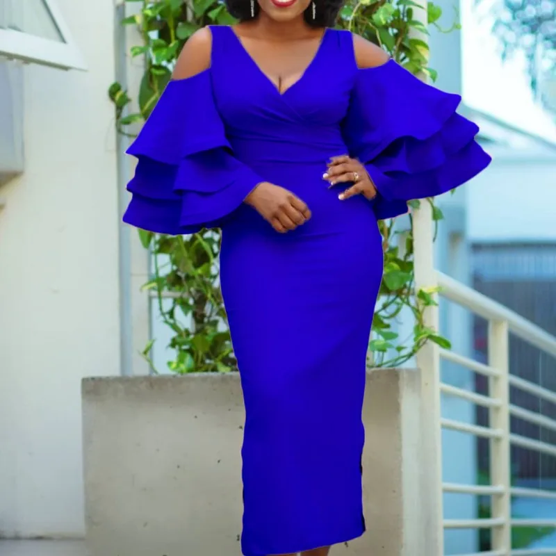 

Spring Autumn Africa Clothing Long Sleeve Dress African Dresses For Women Sexy V-Neck Perspective Slim Dress Office Lady Party