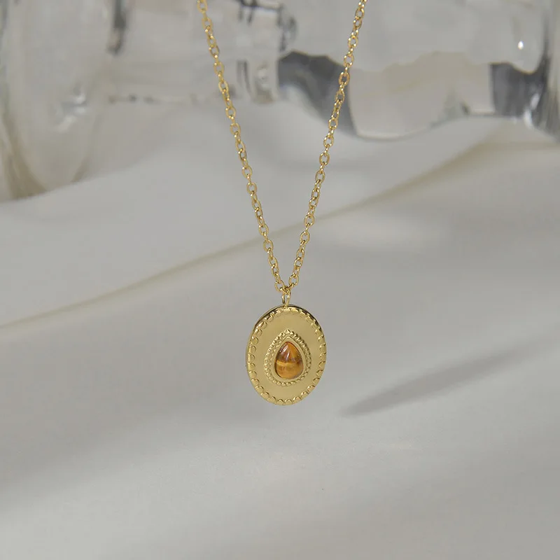 

French Fashion Water Drop Turquoise Lace Stainless Steel Necklace Women's 14k Gold Retro Fashion Sweater Chain Exquisite