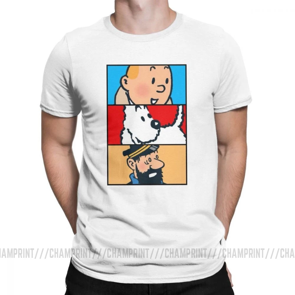 Футболка Tintin Milou Haddock The adventures Of Tintin для мужчин, хлопковая футболка с короткими рукавами, одежда 4XL 5XL 6XL - Цвет: Белый