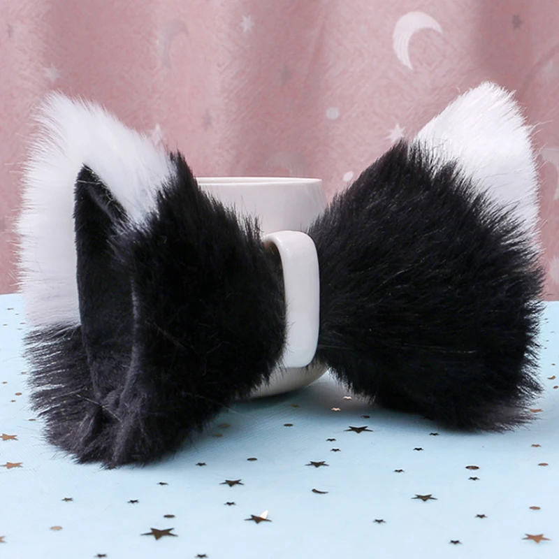 Длинные бархатные наушники ручной работы с изображением зверя черно-белые