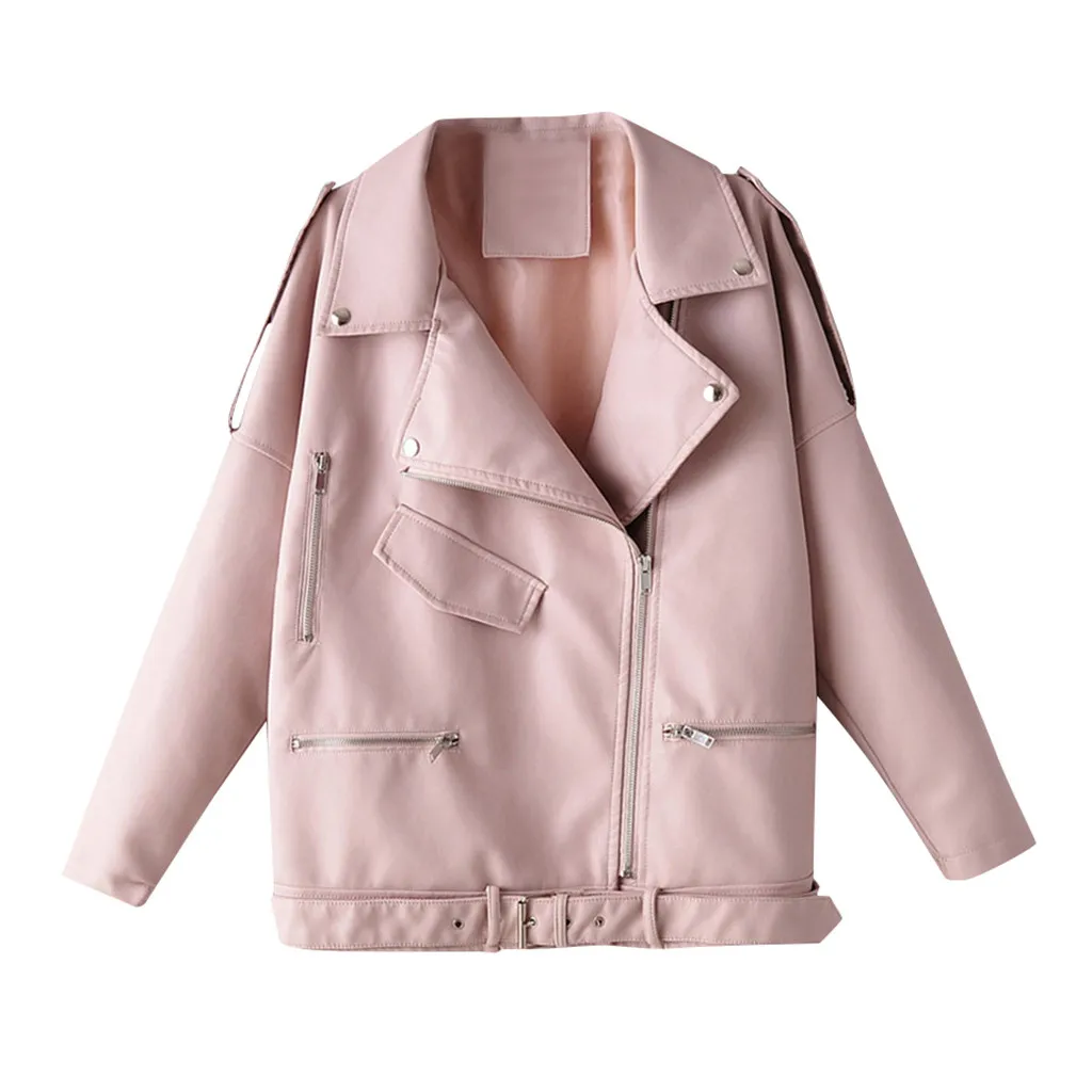 2019 весенние яркие розовые женские Куртки из искусственной кожи кожаные пальто на