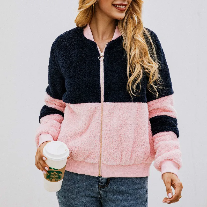 Женская плюшевая куртка на молнии розовая повседневная из искусственного меха в