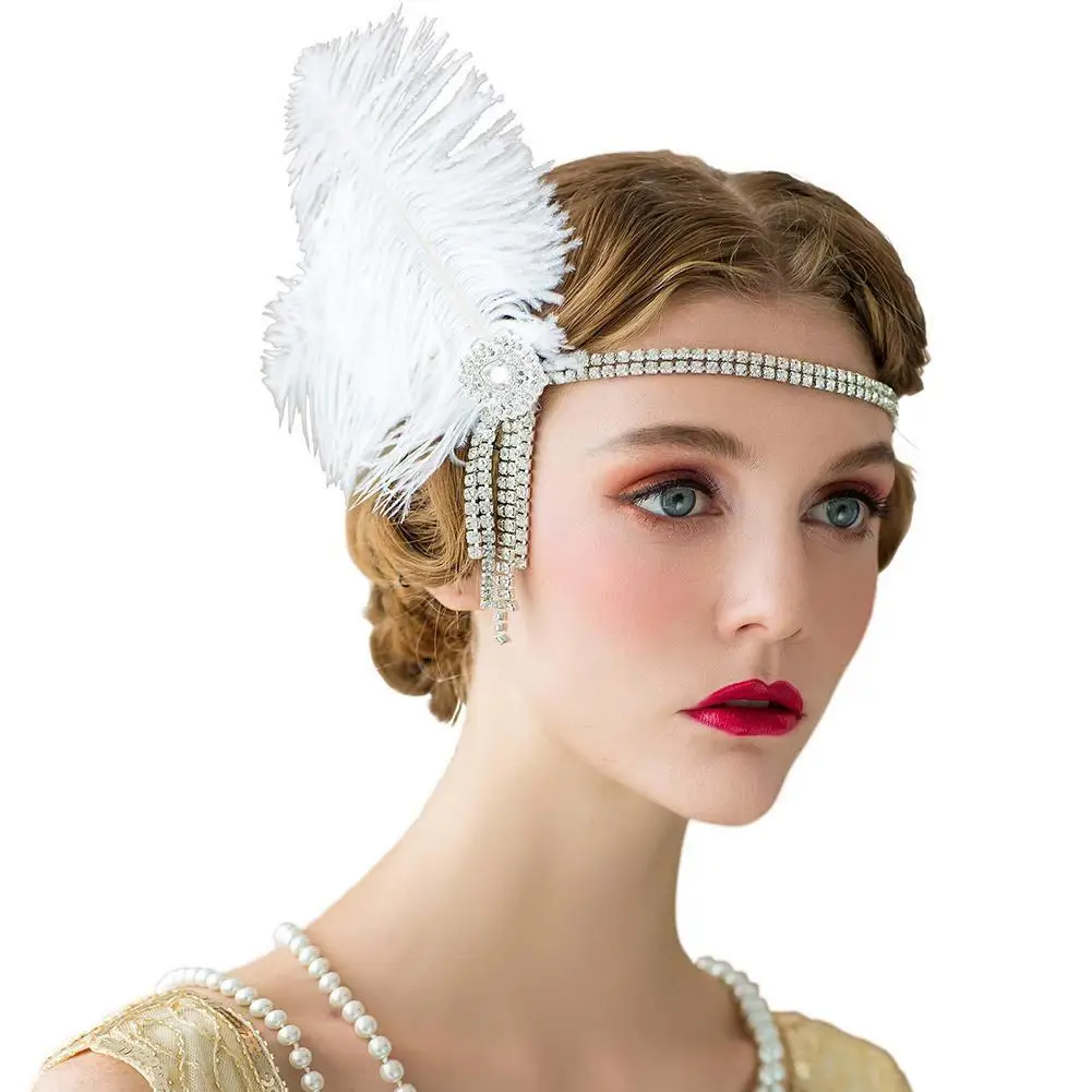 Винтажная повязка на голову Стразы с перьями для женщин цепочка из бисера волос