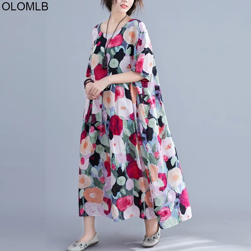 Женское винтажное платье макси размера плюс хлопковое с цветочным принтом