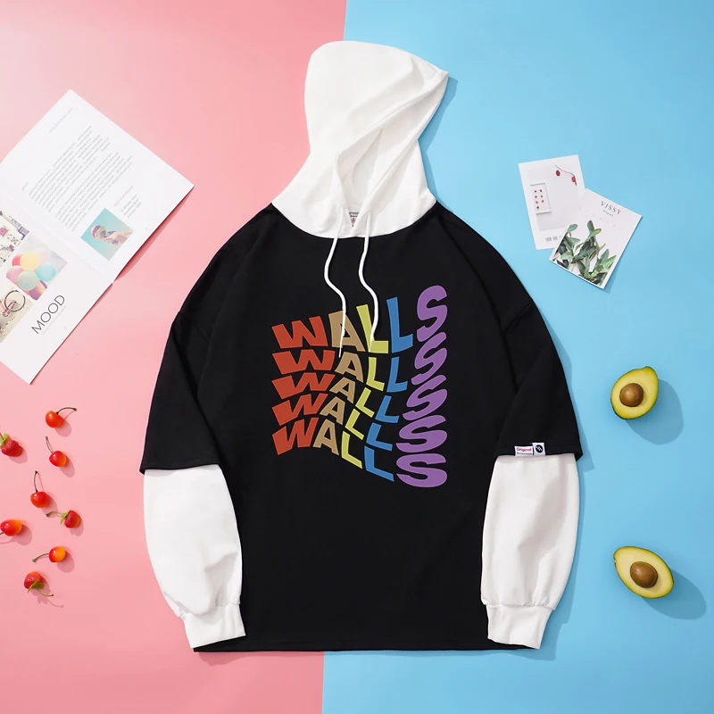 

Merch Hoodies Women Loose Harajuku Fake Two Pieces Tops Casual Walls Print Treat People With Kindness Sweatshirt Clothes