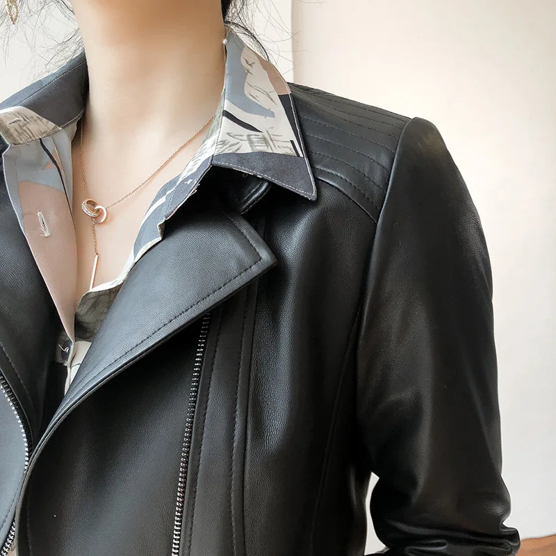 2020 Genuine Leather Women's Sheepskin Coat Female Biker Motorcycle Jacket Slim Fit Spring Fall Coats LH-2022