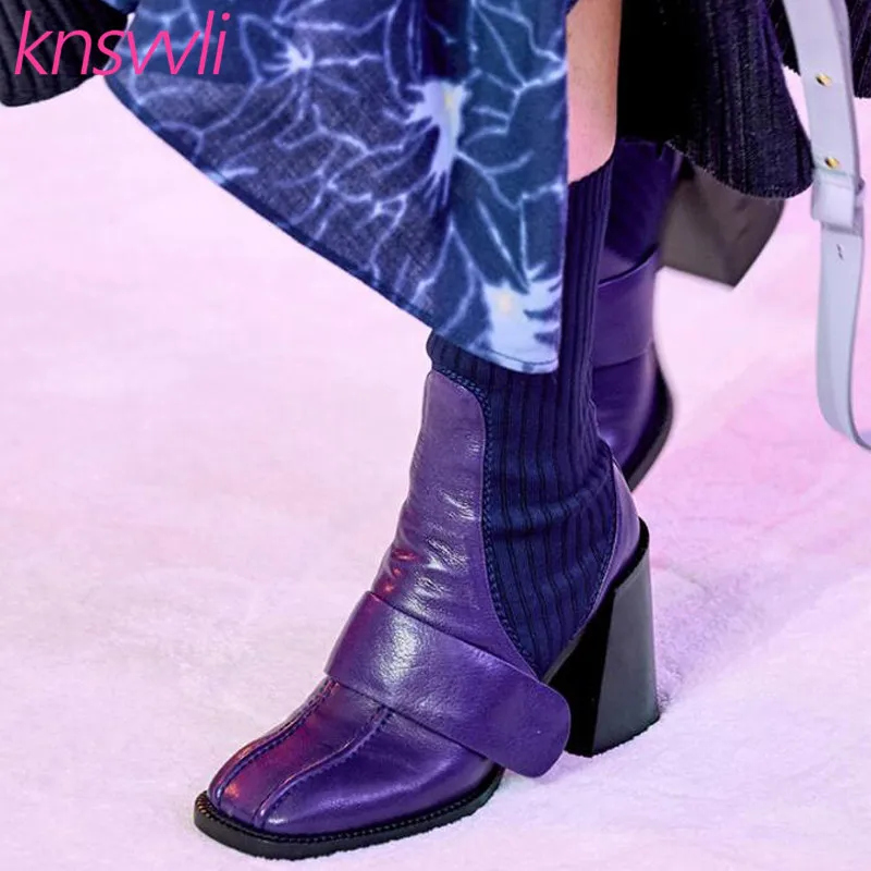 Новинка стильные кожаные носки ботильоны женские вязаные ботинки с квадратным