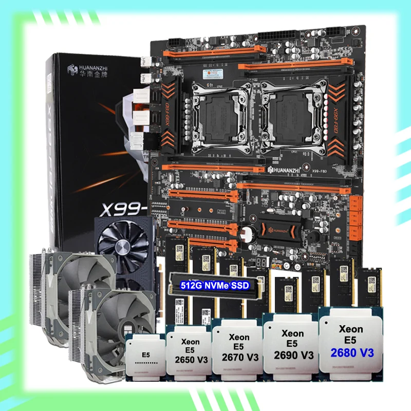 HUANANZHI X99 F8D двойной Процессор материнская плата 512G M.2 SSD 2 Ксеон 2680 V3 охладители 128G